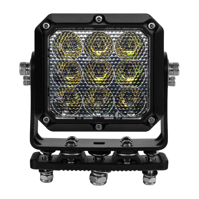 Black LED work light with hexagonal pattern on a white background
