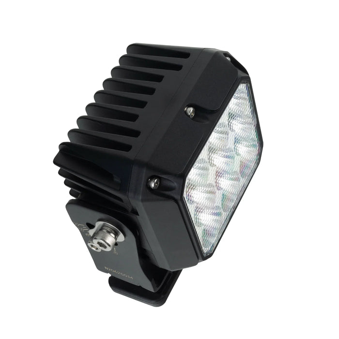 Black off-road light with visible brand logo on a white background