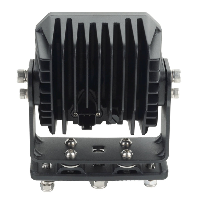 Black metal component with cooling fins on a white background