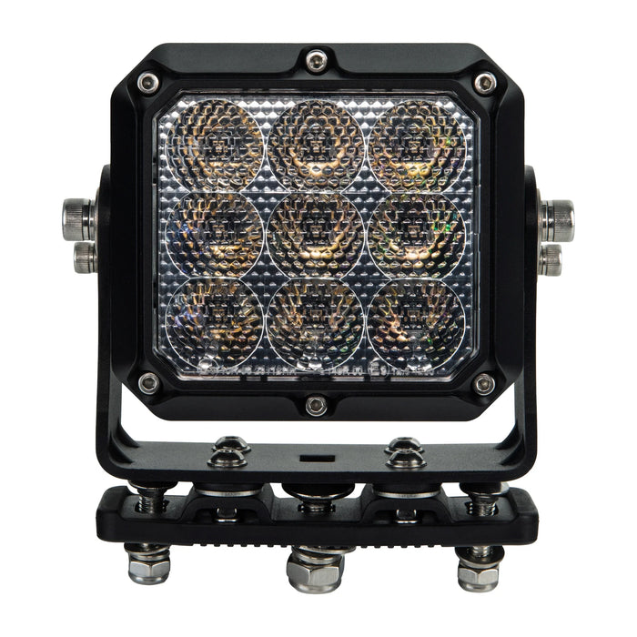 Black LED work light with hexagonal pattern on a white background
