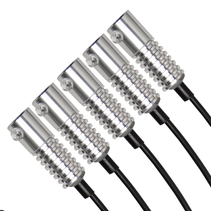 Close-up on five Fiber Optic LED Light Heads.