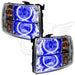 Chevrolet Silverado headlights with blue LED halo rings.