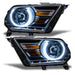 Ford Mustang headlights with white LED halo rings.