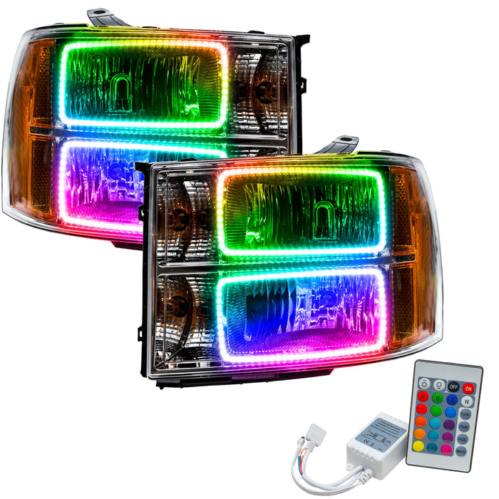 2007-2013 GMC Sierra Pre-Assembled Halo Headlights - (Square Ring Design) with Simple Controller.