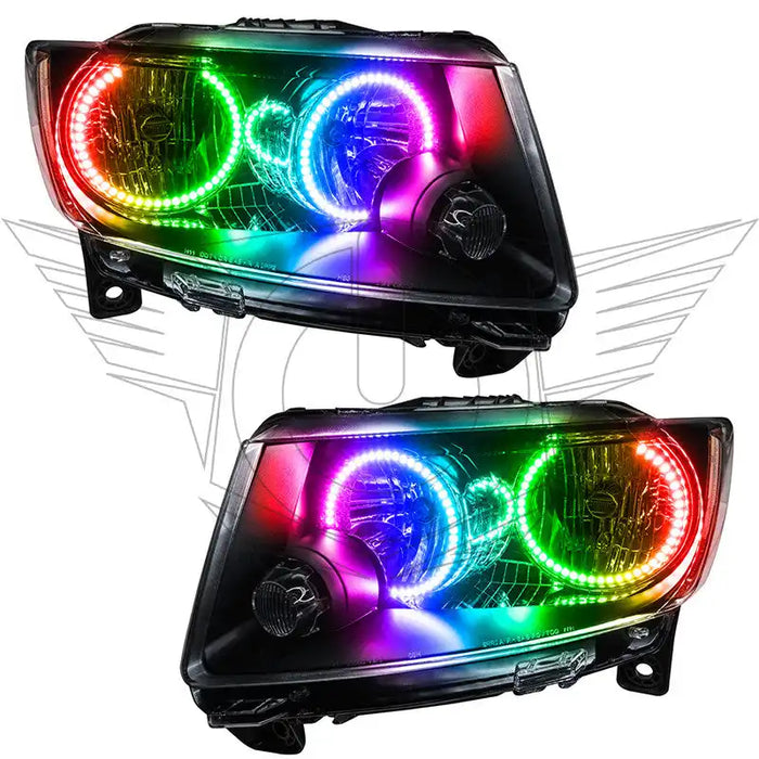 Jeep Grand Cherokee headlights with ColorSHIFT LED halo rings.