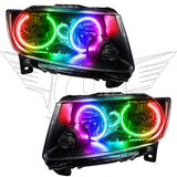 Jeep Grand Cherokee headlights with ColorSHIFT LED halo rings.