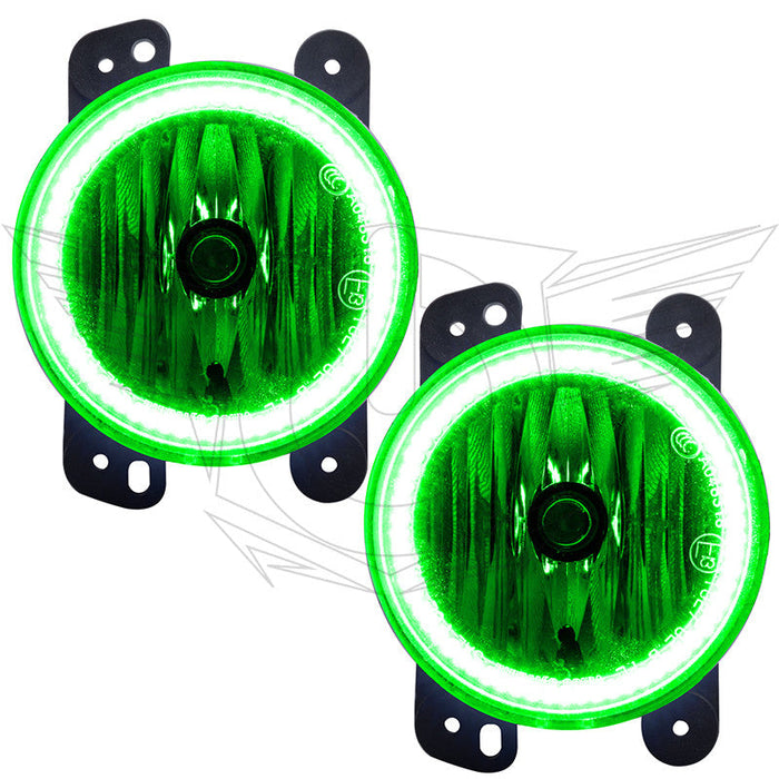 Jeep Wrangler JK fog lights with green LED halo rings.