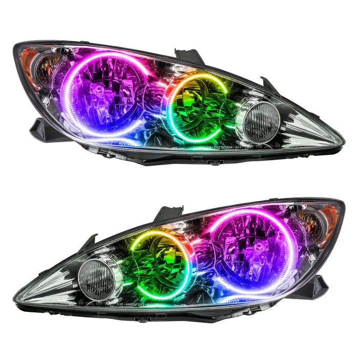 2005-2006 Toyota Camry Pre-Assembled Halo Headlights with ColorSHIFT LED halo rings.