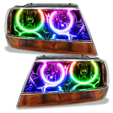 1999-2004 Jeep Grand Cherokee Pre-Assembled Halo Headlights-Black Housing with ColorSHIFT LED halo rings.