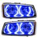 Chevrolet Silverado headlights with blue LED halo rings.
