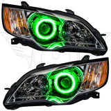 Subaru Legacy headlights with green halos.