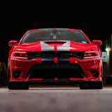 Front end of a red Dodge Charger with red headlight DRLs.