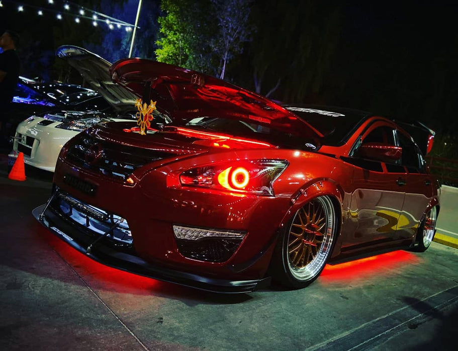 Red Nissan with red LED lighting.