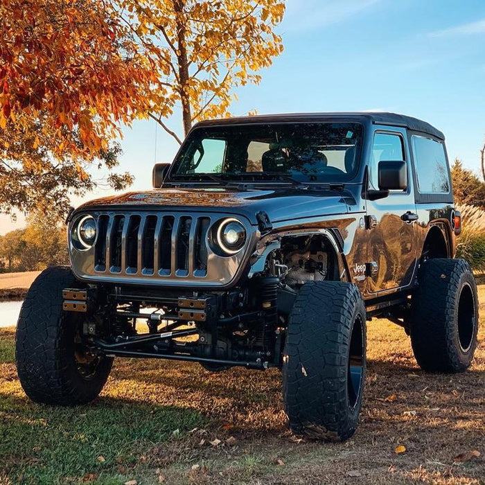 Three quarters view of a Jeep Wrangler with Oculus Headlights installed.