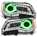 2011-2014 Chrysler 300C NON HID Pre-Assembled Halo Headlights - Chrome Housing with green halo rings.
