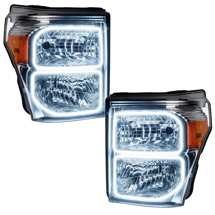 Ford Super Duty headlights with white LED halo rings.