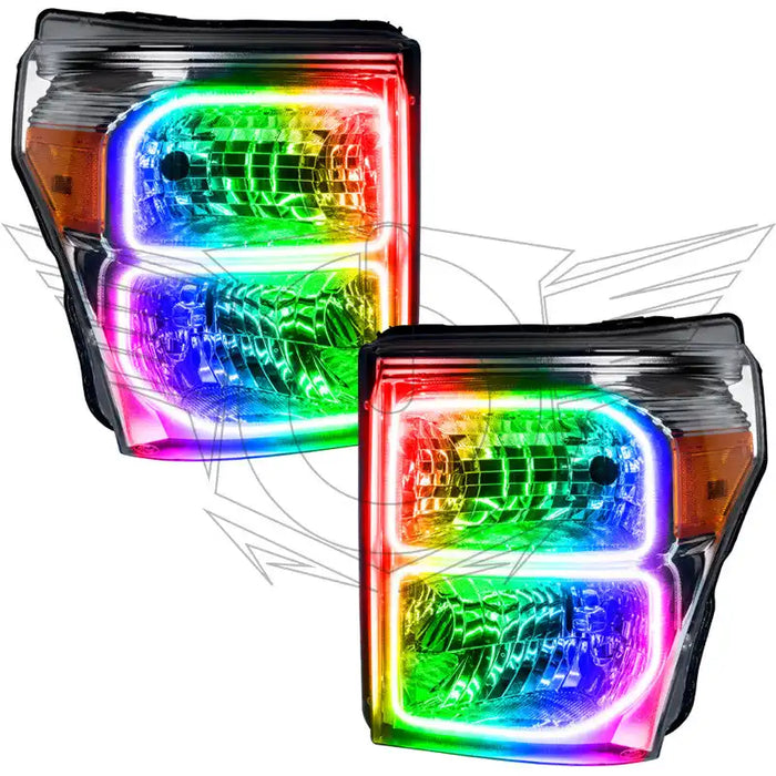 Ford Super Duty headlights with ColorSHIFT LED halo rings.