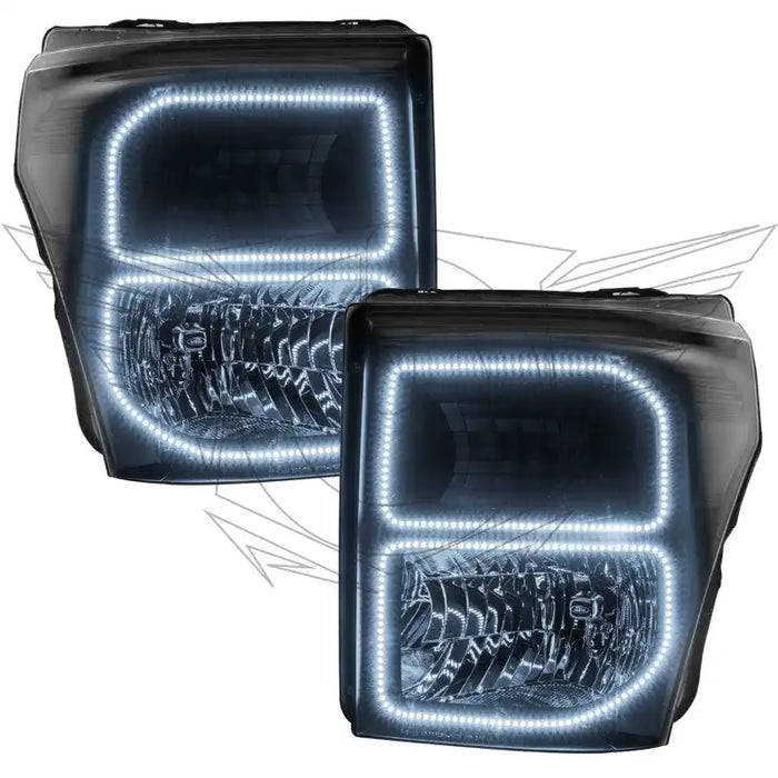 Ford Super Duty headlights with white LED halo rings.