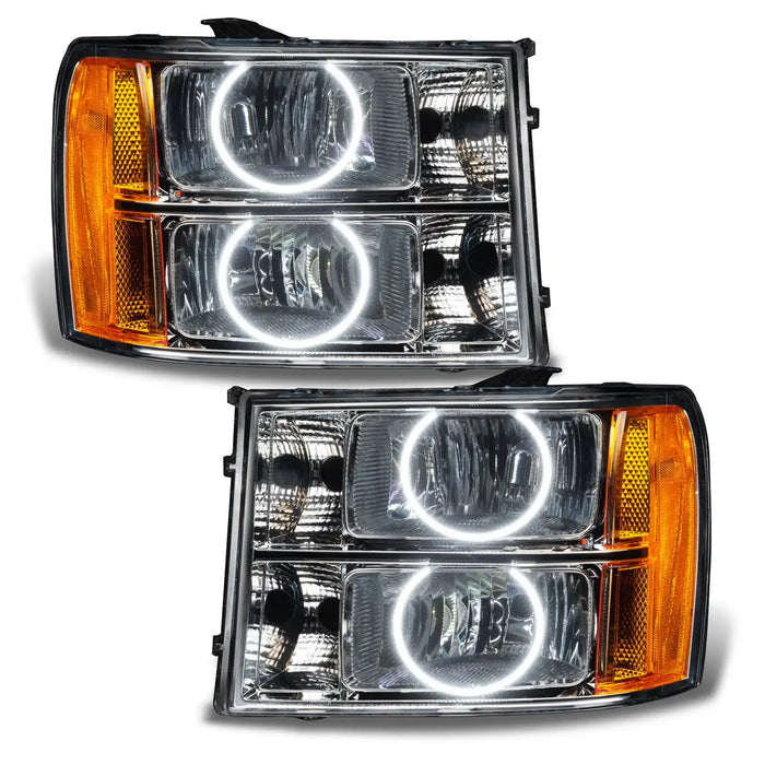 GMC Sierra headlights with white LED halo rings.