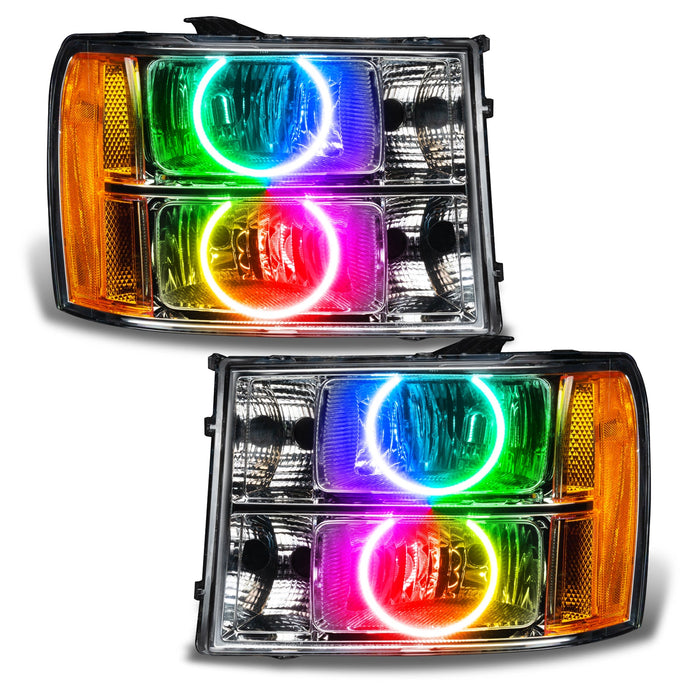GMC Sierra headlights with ColorSHIFT LED halo rings.
