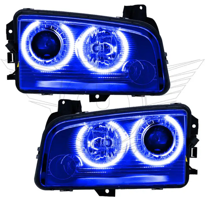 Dodge Charger headlights with blue LED halo rings.
