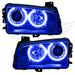 Dodge Charger headlights with blue LED halo rings.