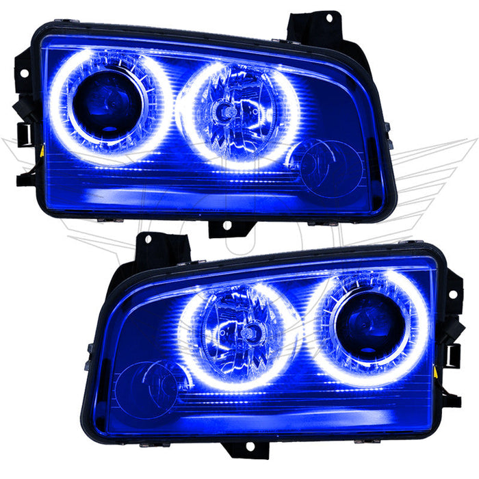 Dodge Charger headlights with blue LED halo rings.