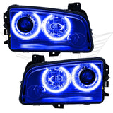 Dodge Charger headlights with blue LED halo rings.