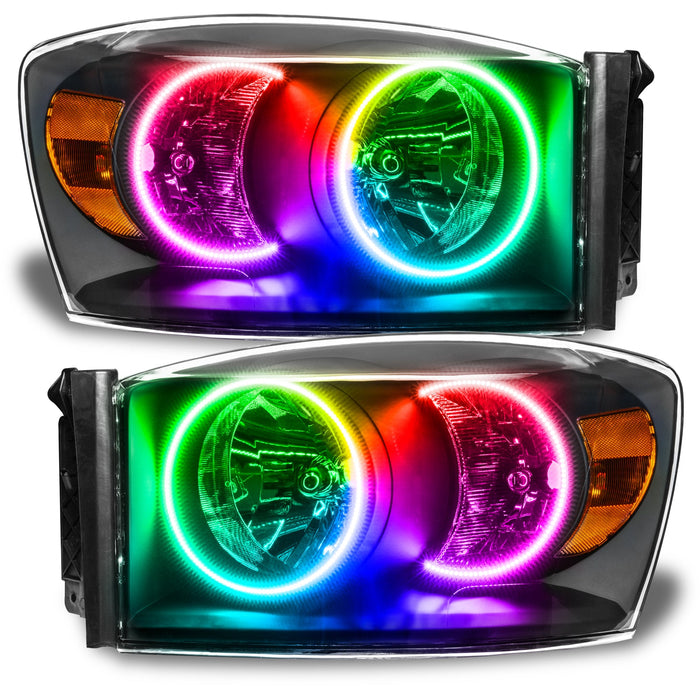 Dodge Ram headlights with ColorSHIFT LED halo rings.