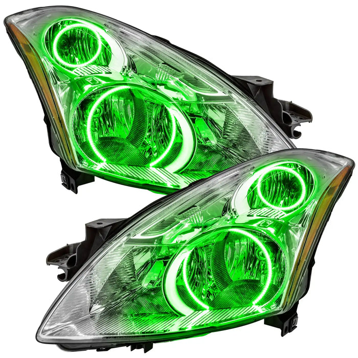 2010-2012 Nissan Altima Sedan Pre-Assembled LED Halo Headlights with green LED halo rings.