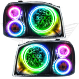 2001-2004 Nissan Frontier Pre-Assembled Halo Headlights-Triple Halos with rainbow LED halo rings.