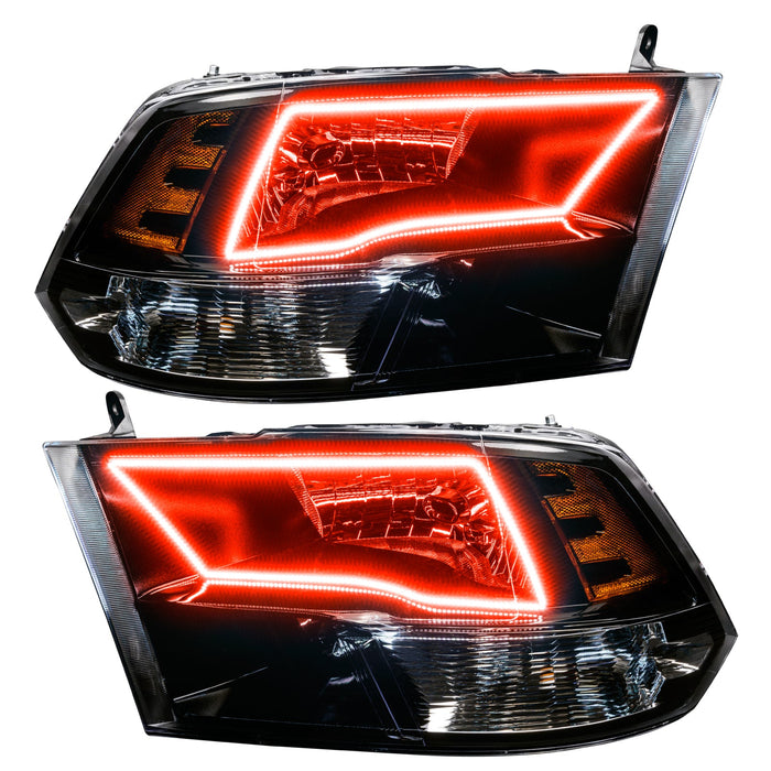 2009-2018 RAM ColorSHIFT Switchback Quad Pre-Assembled Halo Headlights - Black Housing with red halos.