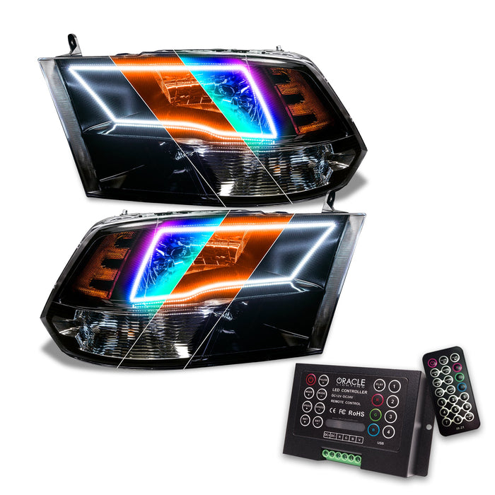 2009-2018 RAM ColorSHIFT Switchback Quad Pre-Assembled Halo Headlights - Black Housing with 2.0 Controller.