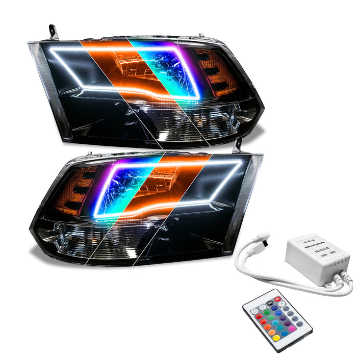2009-2018 RAM ColorSHIFT Switchback Quad Pre-Assembled Halo Headlights - Black Housing with Simple Controller.