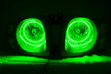 Nissan Xterra headlights with green LED halo rings.