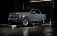 Grey Ford F-150 with white wheel rings and rock lights.