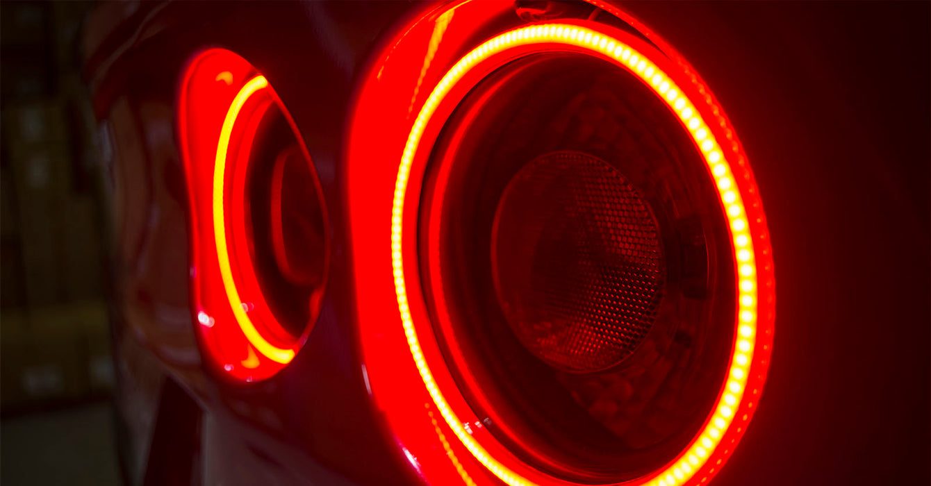 Extreme close-up of C6 Corvette Tail Lights with afterburner halo kit installed and turned on
