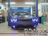 Front end of a Dodge Challenger with purple LED headlight and fog light halo rings.