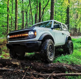 White Ford Bronco in the forest with Amber LED Illuminated Letter Badges installed.