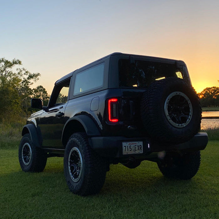 Rear view of Ford Bronco with Flush Style LED Tail Lights installed and DRLs on.