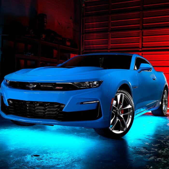 Blue Camaro with cyan LED underglow.