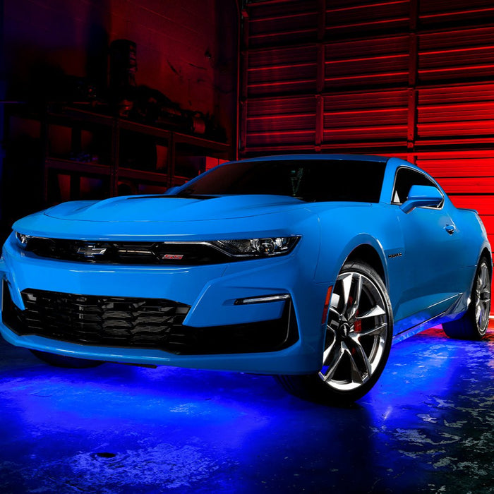 Blue Camaro with blue LED underglow.