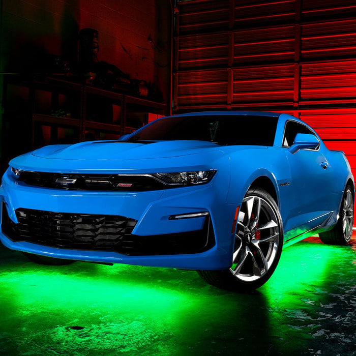 Blue Camaro with green LED underglow.