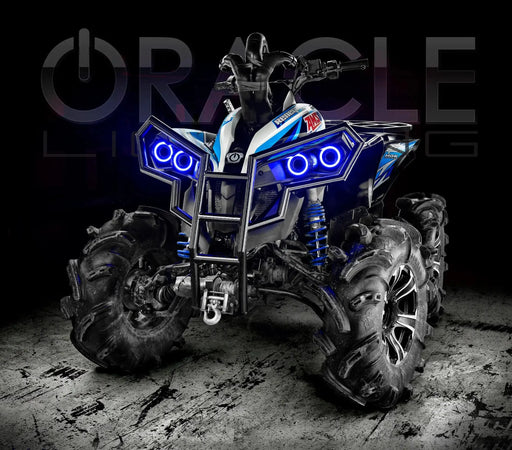 Can-Am Renegade with blue LED Surface Mount Headlight Halos installed.