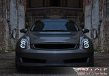 Front end of an Infiniti G35 with white LED headlight halo rings.