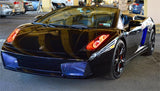 Three quarters view of a Lamborghini Gallardo with amber LED headlight halo rings installed.