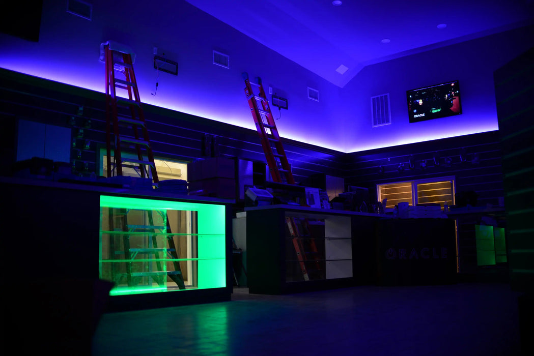 Show room with blue ambient lighting