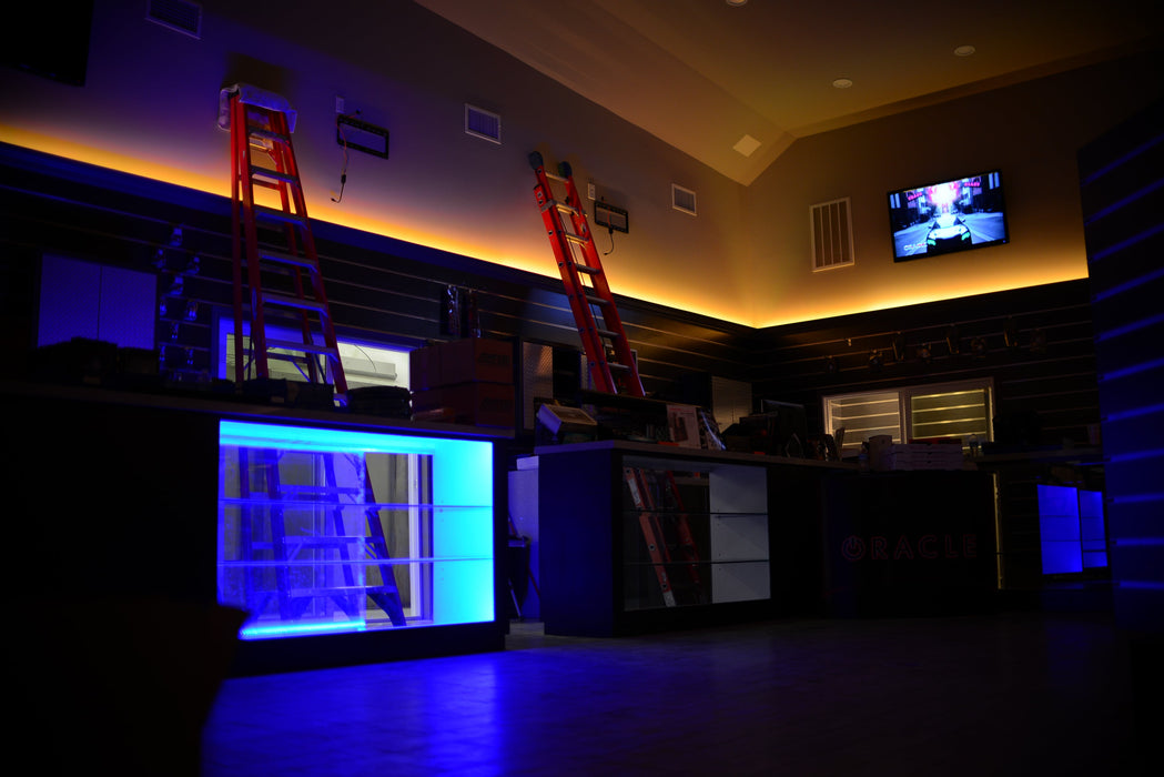 Show room with yellow ambient lighting