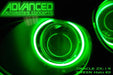 Close-up of Kawasaki ZX-14R Headlights with green LED halo rings.