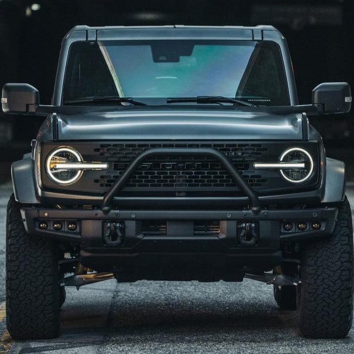Front view of a Ford Bronco with Triple LED Fog Light Kit installed.